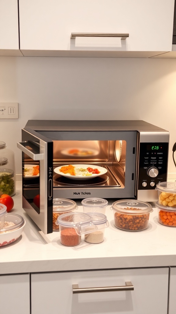 A microwave oven in a kitchen with food ready for cooking.